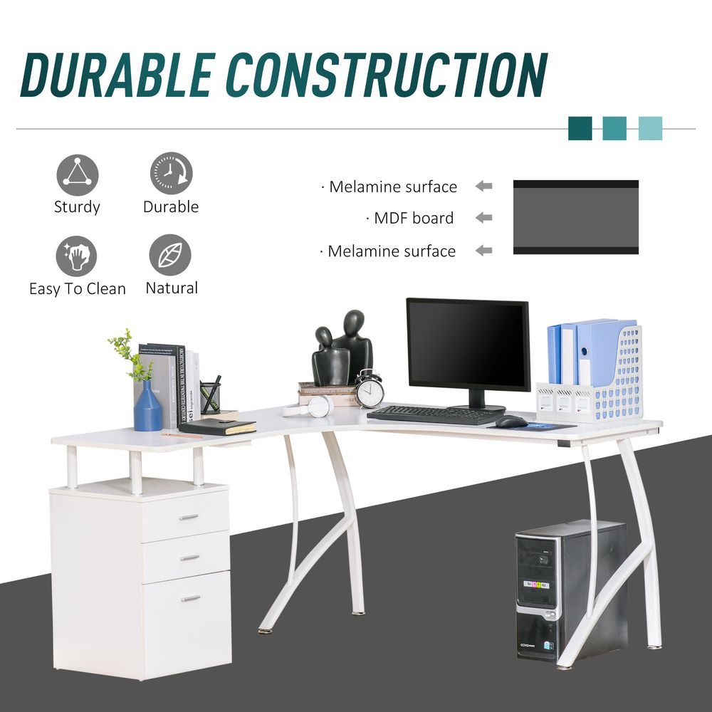 HOMCOM L-Shaped Computer Desk Table with Storage Drawer Home Office Corner Industrial Style Workstation for A4 Files 143.5 x 143.5 x 76cm, White