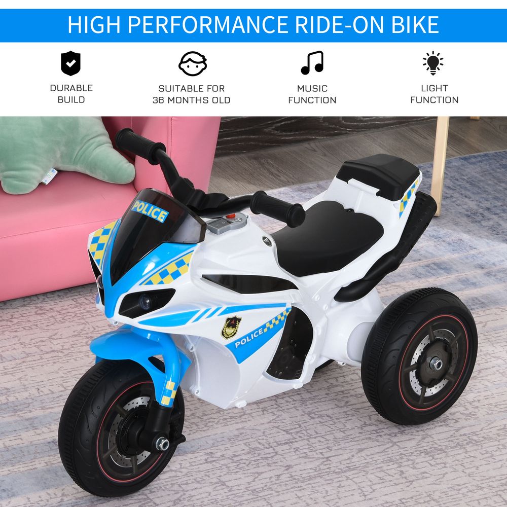 HOMCOM Kids Ride-On Police Bike 3-Wheel Vehicle w/Music Lights Safe Seat Handlebars Toddler NO POWER Child Learning Fun Development 18-36 Months Blue