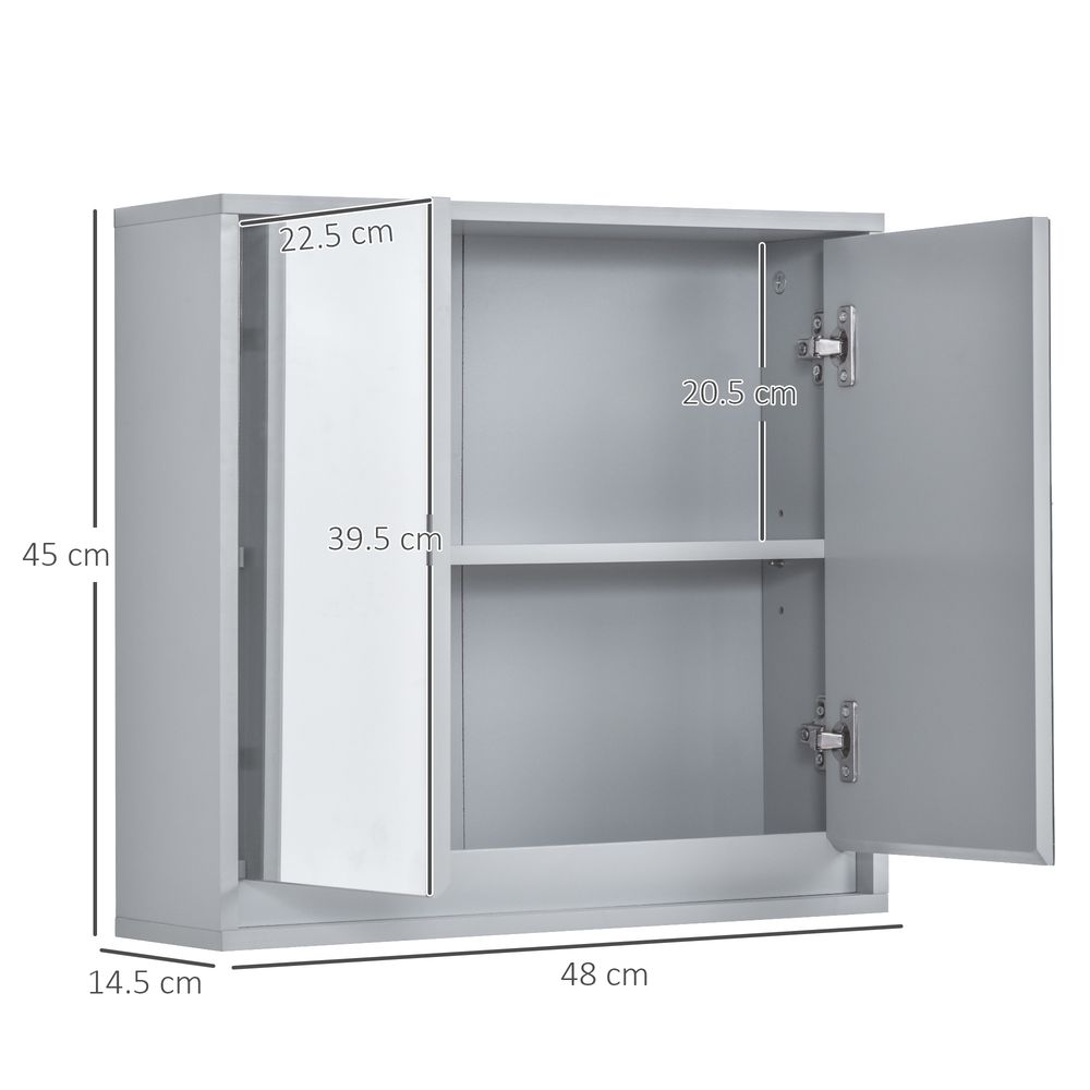 HOMCOM Bathroom Mirror Cabinet Wall Mounted Storage Shelf Bathroom Cupboard Double Door, Grey