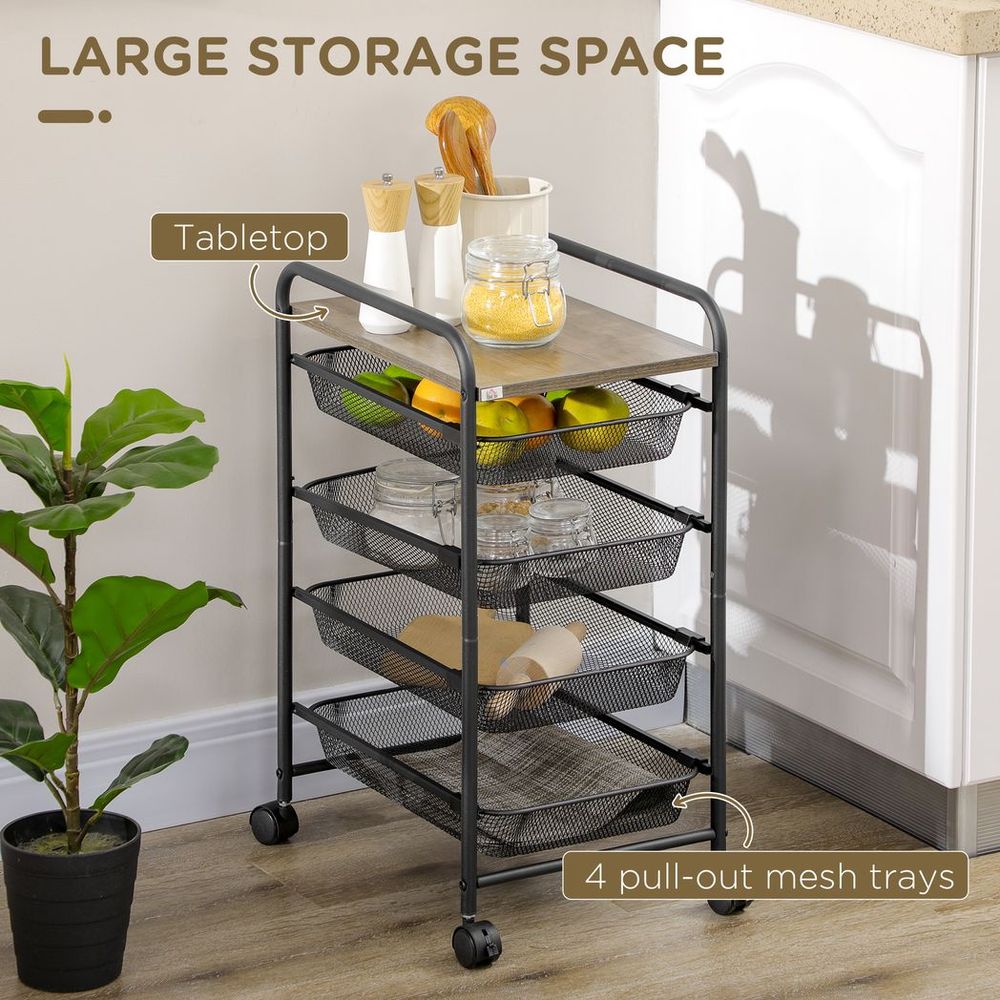 HOMCOM Storage Trolley Rolling Utility Cart - 4 Baskets - Kitchen & Office - Black