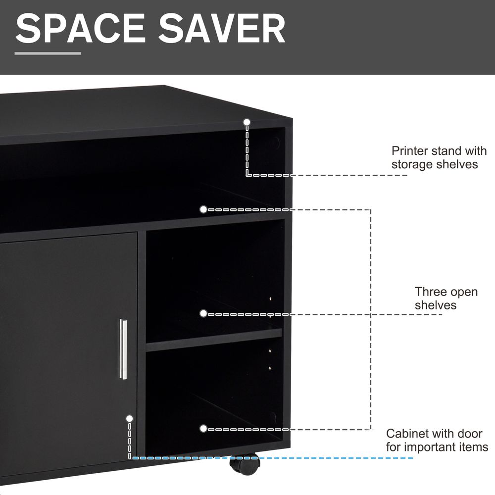 HOMCOM Multi-Storage Printer Stand Unit Office Desk Side Mobile Storage w/Wheels Modern Style 60L x 50W x 65.5H cm - Black