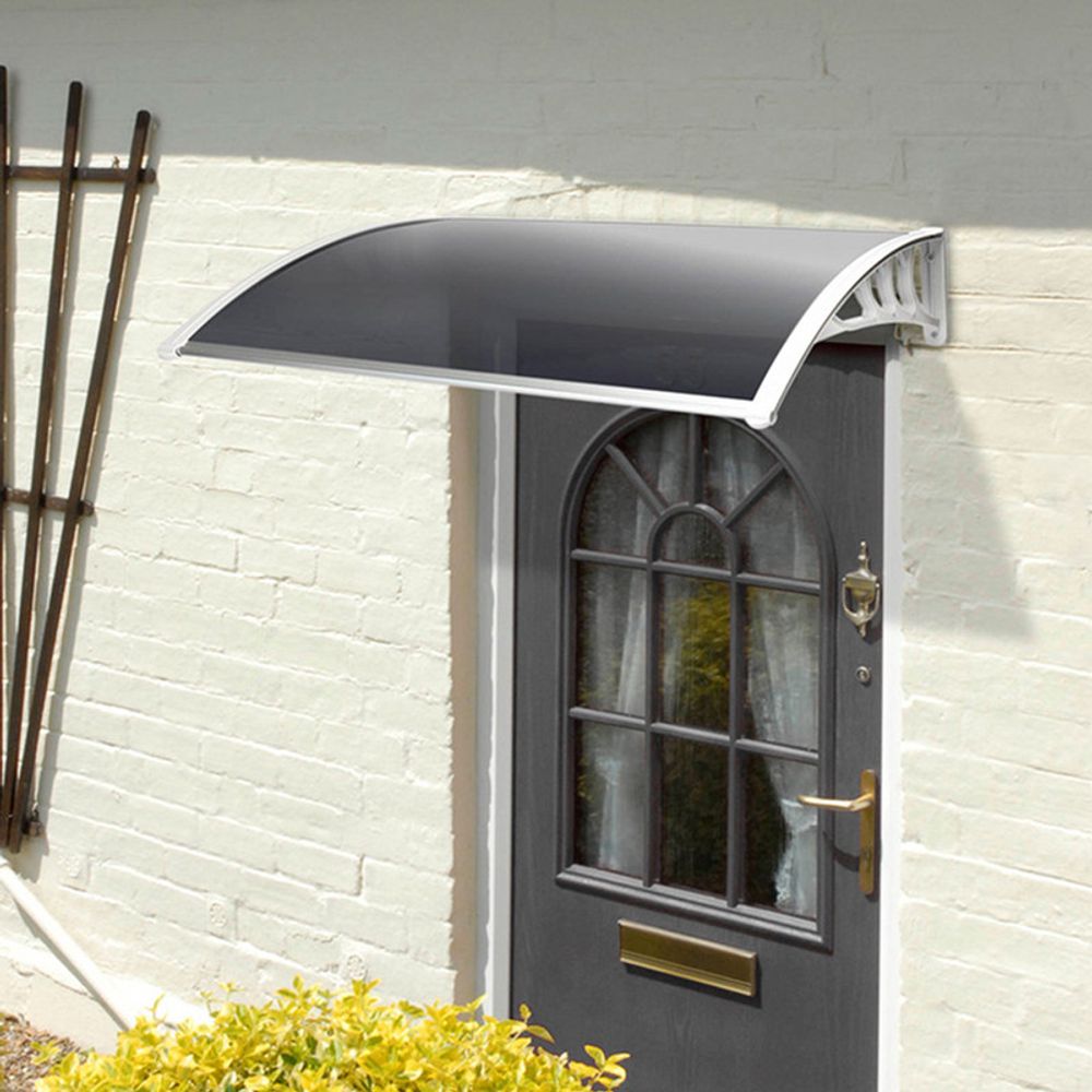 Greenhurst Tinted 1.2m Easy Fit Door Canopy, 120 x 80cm White Brackets Grey 3mm Polycarbonate Cover