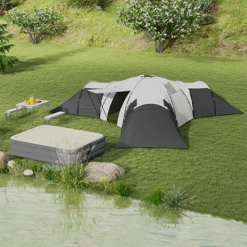Outsunny Large Tunnel Tent with 3 Bedroom, Living Area and Porch, Grey