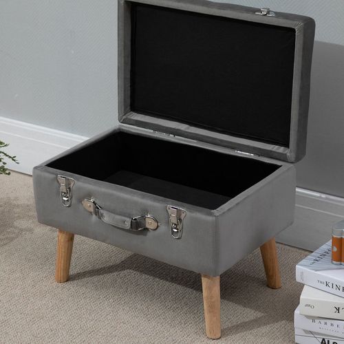 HOMCOM Velvet-Touch Suitcase Storage Stool Ottoman Suitcase 2 Latches Wood Legs