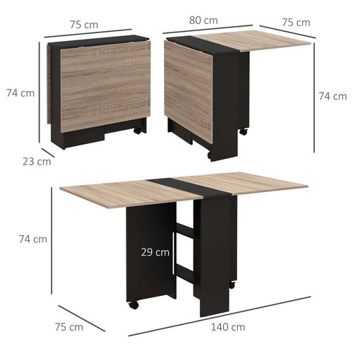 HOMCOM Mobile Drop Leaf Dining Table Folding Desk w/ 2 wheels Storage Shelves