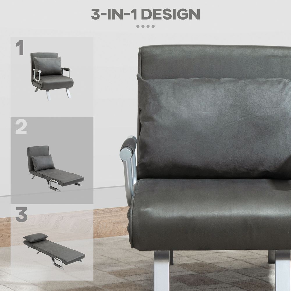 HOMCOM Modern 4-In-1 Single Sofa Bed Sleeper Foldable Portable Armchair Bed Chair Lounge Couch with Pillow for Living Room, Bedroom, Dark Grey