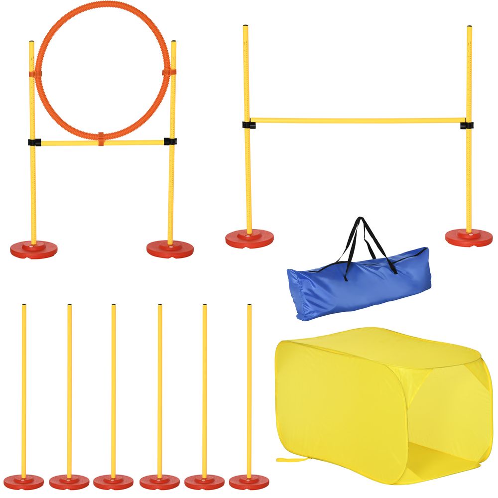 PawHut Portable Pet Agility Training Obstacle Set for Dogs w/Adjustable High Jumping Pole, Jumping Ring, Turnstile poles, Tunnel