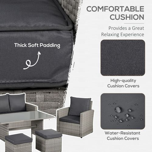 Outsunny 6 Pieces Outdoor PE Rattan Garden Furniture Set with Three-seat, Armchairs and Footstools, Patio Wicker Dining Sets w/Glass Top Dining Table, Soft Cushion, Mixed Grey