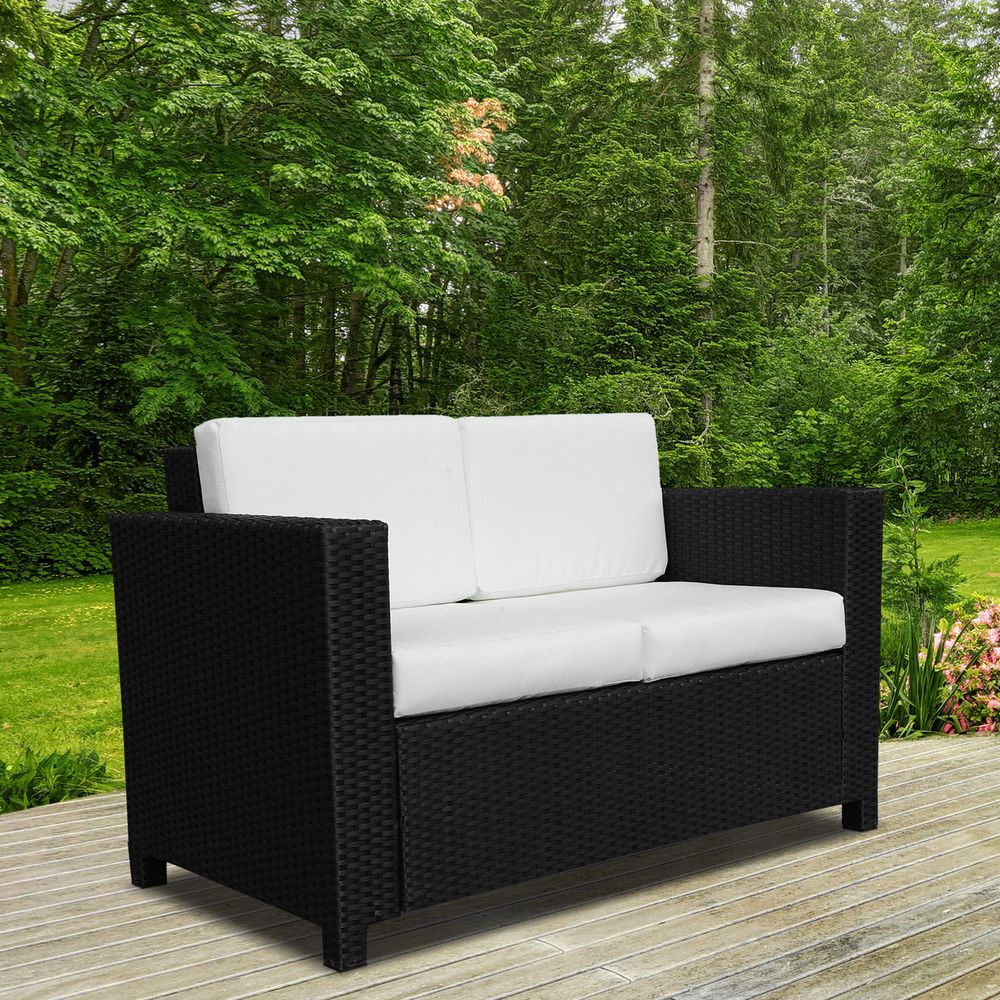 Outsunny Black Rattan Garden Sofa 2 Seater Double Couch Wicker Loveseat