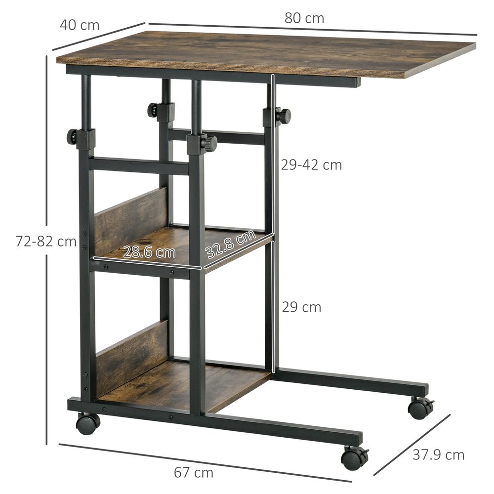 HOMCOM Industrial Mobile Sofa Side Table C-Shaped Rolling Couch Table with 3-Tier Storage Shelving Four Lockable Wheels Steel Frame - Brown