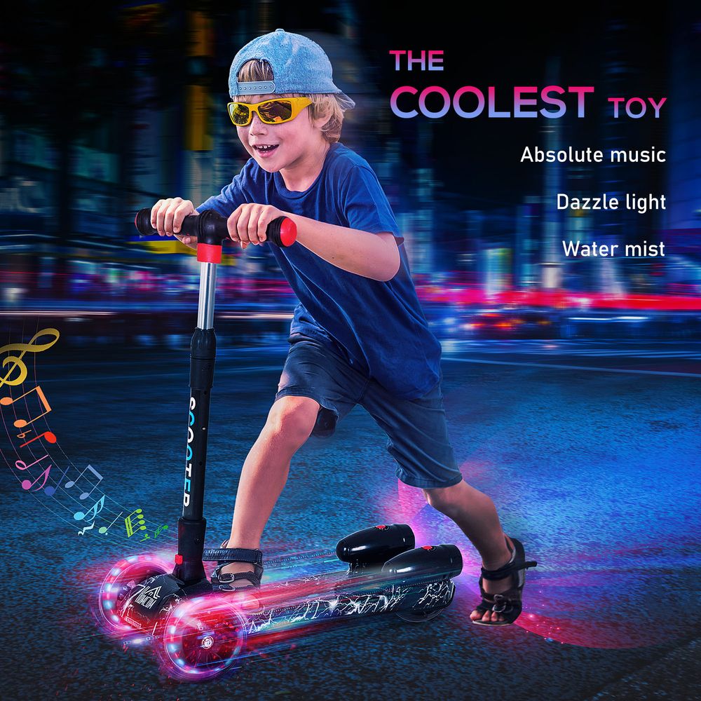 HOMCOM Scooter for Kids Toddler 3 Wheel Adjustable Height w/Flashing Wheels Music Water Spray Foldable Kick Scooter for Boys and Girls 3-6 Yrs Black