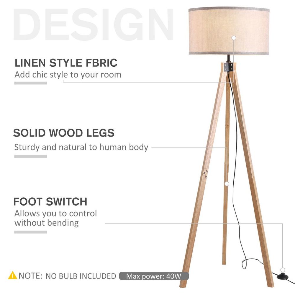Stylish Wood Tripod Floor Lamp: Elegant E27 Bulb, Linen Shade, Grey