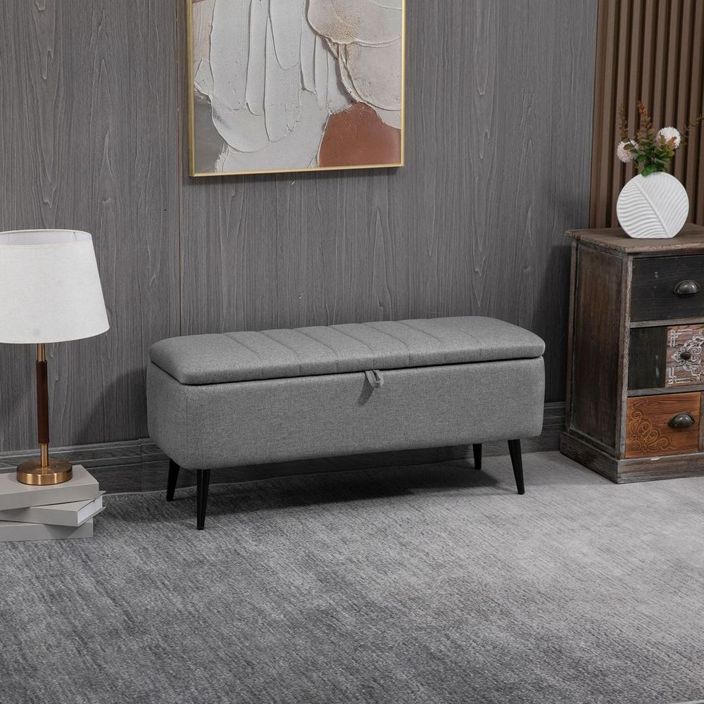 Premium Storage Ottoman, Grey Linen Fabric, Steel Legs - High-Quality & Versatile Footstool Bench
