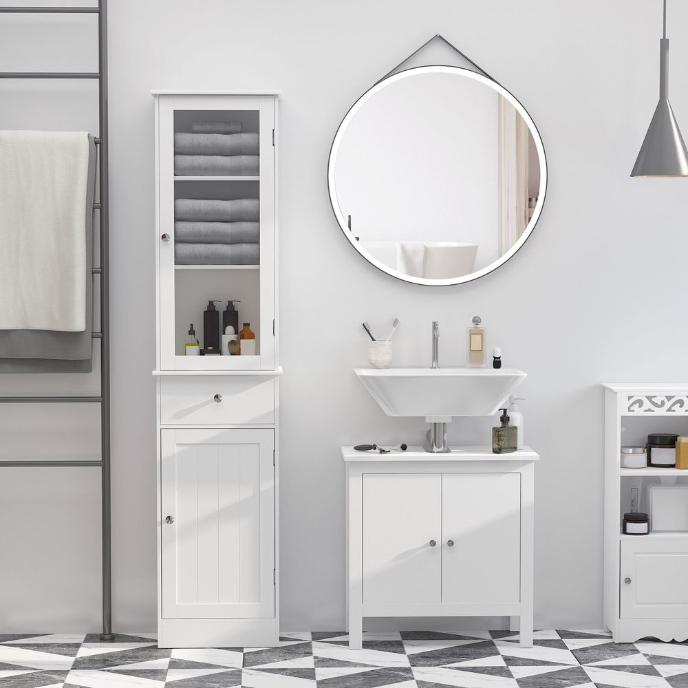 Bathroom Storage Cabinet: 3-tier Shelf, Glass Door, White