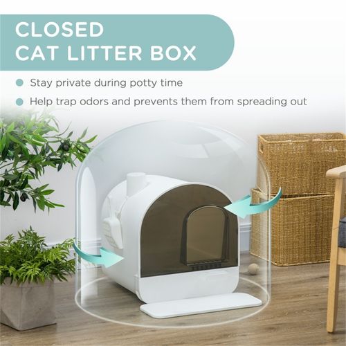 PawHut Cat Litter Box Kitten Litter Tray w/Hood, Scoop, Filter, Flap Door, 43 x 44 x 47cm - White