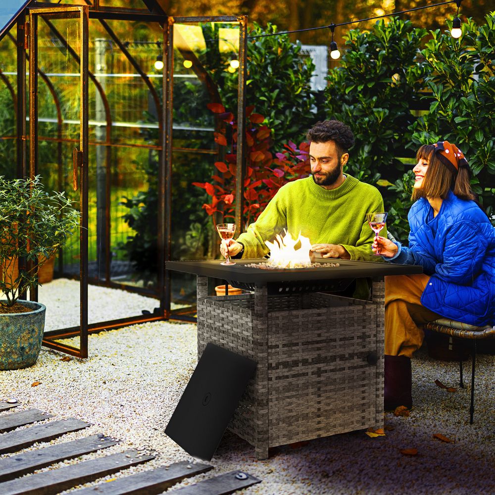 Outsunny 50,000 BTU Rattan Fire Pit Table - Grey, Garden Propane Pit - Electric Ignition, Adjustable Heat