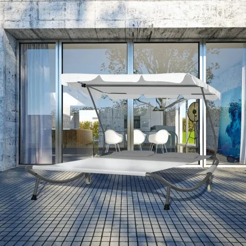 Double Hammock Sun Lounger Bed Canopy Shelter Wheels 2 Pillows Cream White