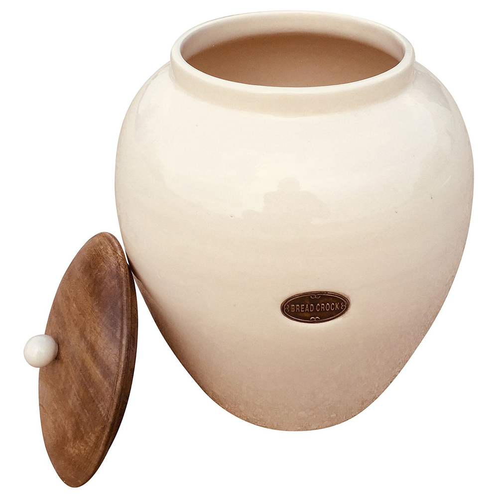 Cream Ceramic Bread Bin - Large Glazed Finish with Wooden Lid - High Quality - 31cm x 31cm x 37cm