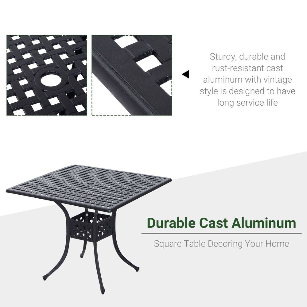 Outsunny Square Aluminium Outdoor Garden Dining Table with Umbrella Hole, Black