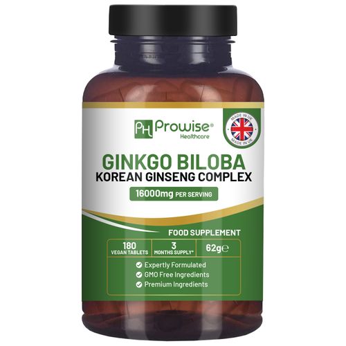 Ginkgo Biloba and Korean Ginseng Tablets 8000mg 180 Vegan Tablets | Ginkgo 6000mg & Korean Ginseng Root 2000mg Supports Cognitive Function & Mental Performance | UK Manufactured by Prowise Healthcare
