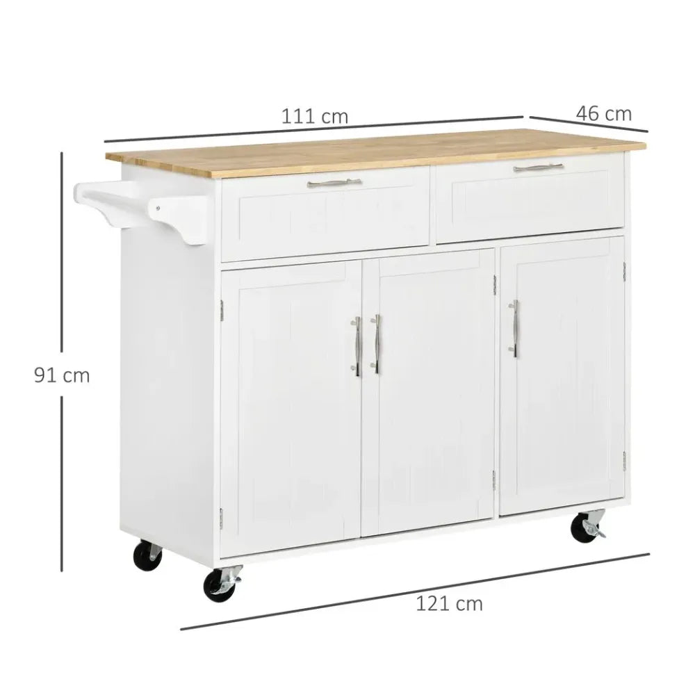 Portable Kitchen Island Cart: 2 Drawers, 3 Cabinets, White - Store & Organize with Ease!