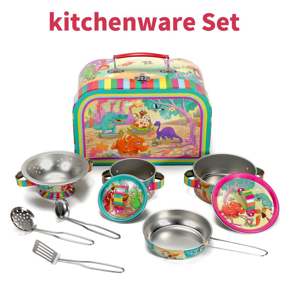 DINO KITCHENWARE SET - Exciting, Colorful, Safe. Perfect for Imaginative Play. High Quality. 10 Pieces. Best for Little Chefs!