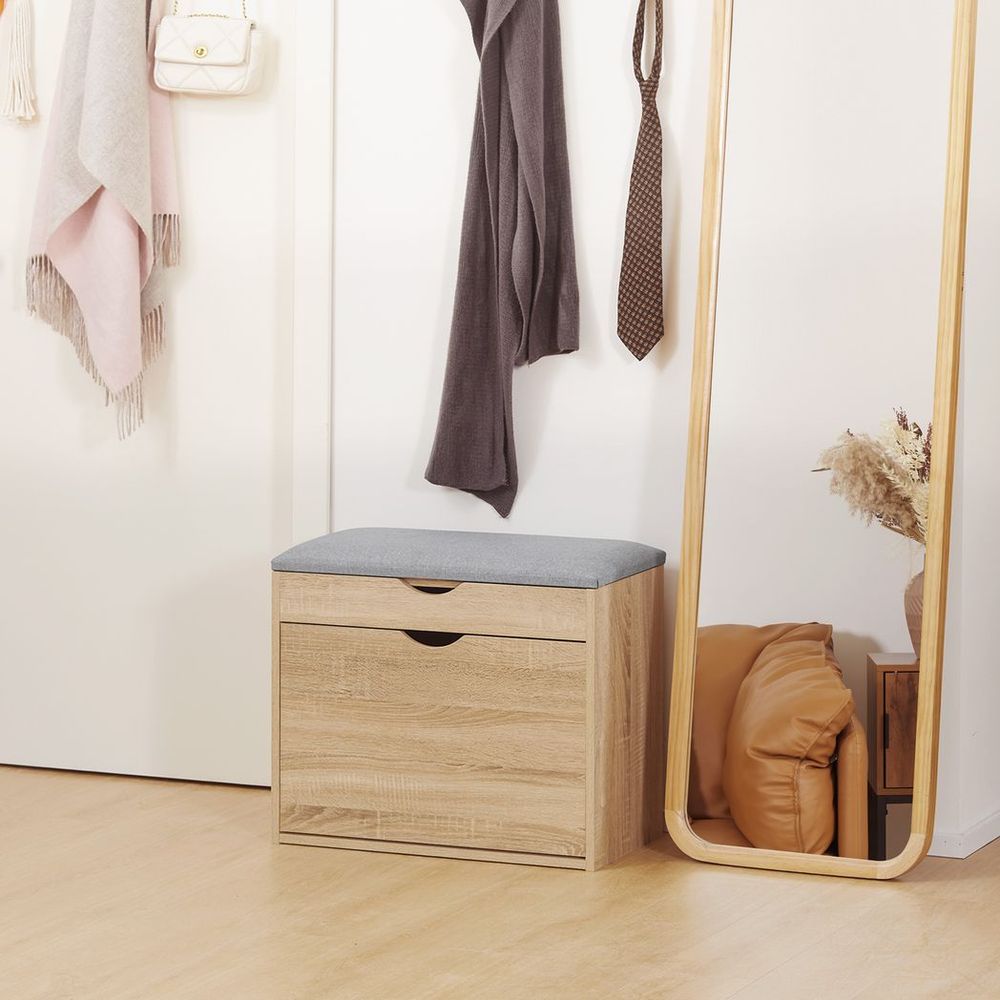 HOMCOM Entryway Shoe Bench & Storage Cabinet - Natural