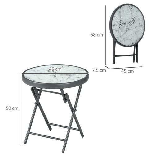 Outsunny Round Folding Side Table w/ Imitation Marble Glass Top, White