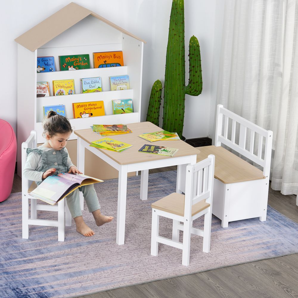 Premium 4-Piece Kids Wood Table Set w/ Storage - HOMCOM
