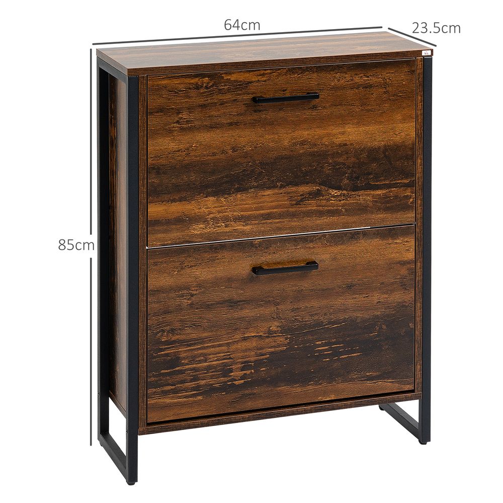 HOMCOM Rustic Brown Shoe Cabinet - 2 Flip Door, Divider, Entryway