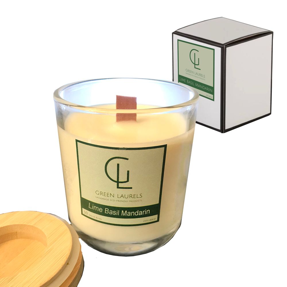 Soy Wax Premium Glass Candle - Lime Basil Mandarin, Cedarwood, Geranium, Sandalwood, Black Pepper