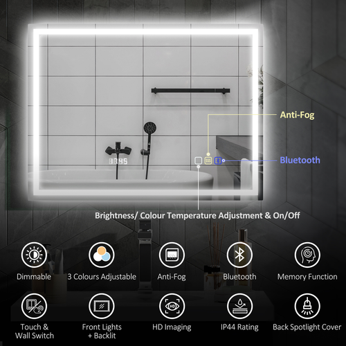 HOMCOM 600 x 800 mm Bathroom Mirror with Bluetooth Clock Lights Demister Pad