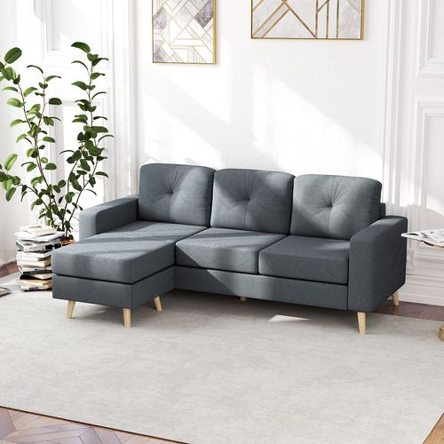 HOMCOM 3-Seater L-Shaped Linen Sofa w/ Sponge Seat Back Cushions, Dark Grey