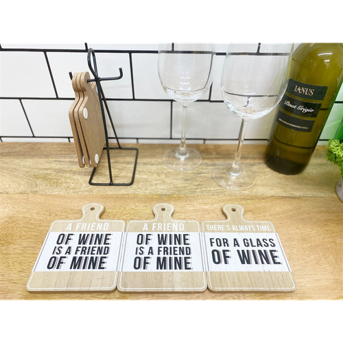 Set of Six Wine Slogan Coasters On Metal Stand