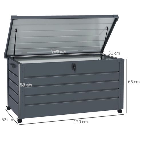 Outsunny 331 Litre Garden Storage Box, Waterproof Outdoor Storage Box for Tools, Cushions, Lockable Galvanised Steel Outside Deck Box Organiser with Wheels and Handles, Dark Grey