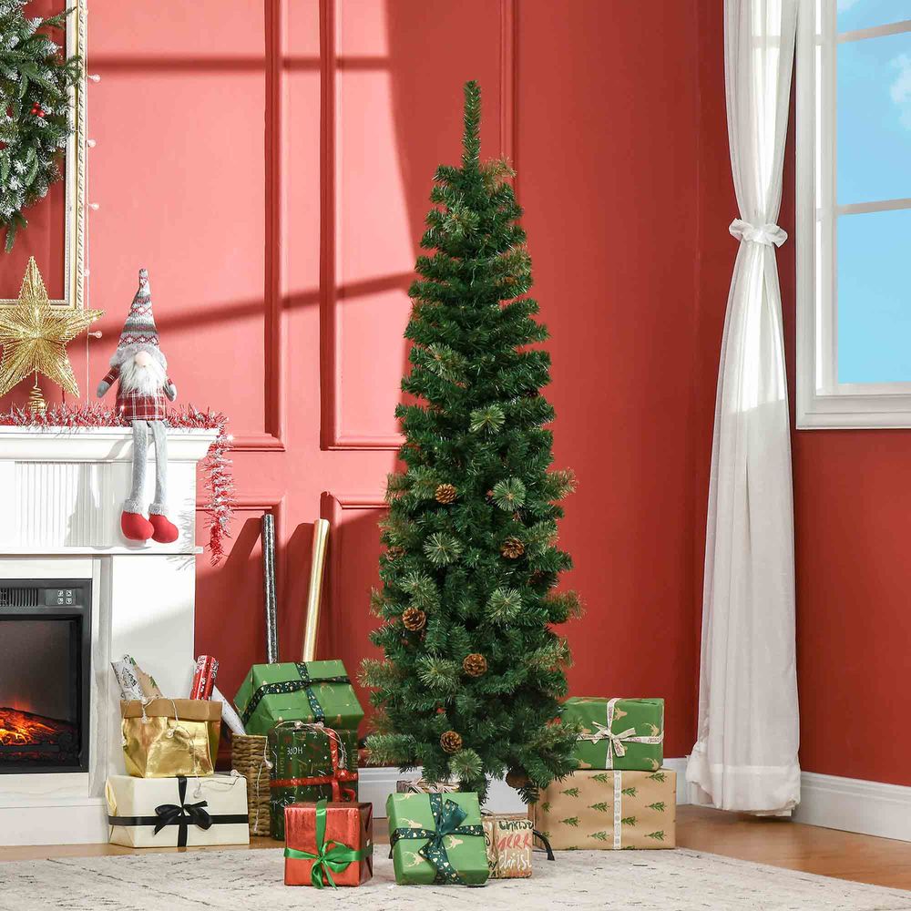 HOMCOM 5.5FT Tall Pencil Slim Artificial Christmas Tree with Realistic Branches, Tip Count and Pine Cones, Pine Needles Tree, Xmas Decoration, Green