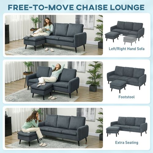 HOMCOM 3 Seater Corner Sofa Couch Settee with Chaise Lounge, Charcoal Grey
