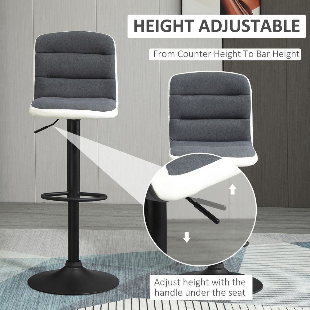 HOMCOM Bar Stools Set of 2, Height Adjustable Bar Chairs in Fabric and Faux Leather, 360° Swivel Kitchen Stool with Backrest and Footrest, Dark Grey