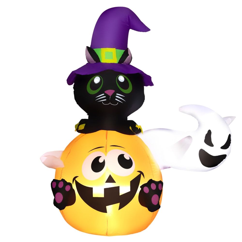Halloween Decoration | 150cm tall black cat riding a pumpkin with a ghost design