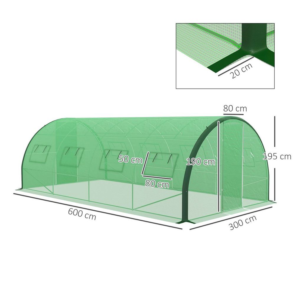Outsunny Tunnel Greenhouse, Upgraded Structure, Hinged Doors, 6 x 3(m), Green