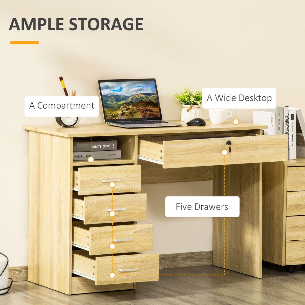 HOMCOM Computer Desk, Home Office Desk with Lockable Drawer, Storage Shelf for Study Bedroom, 110 x 50 x 76 cm, Oak