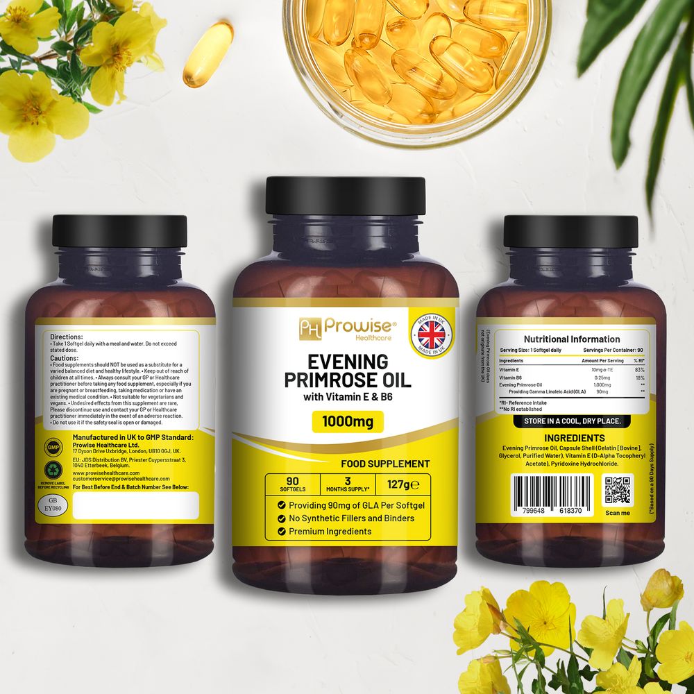 Vegan Evening Primrose Oil 2000mg with Vitamin E & B6 – 60 Vegan Softgels| Pure Cold Pressed I 180mg GLA per Capsule I Women's Health I Premium Quality I by Prowise Healthcare