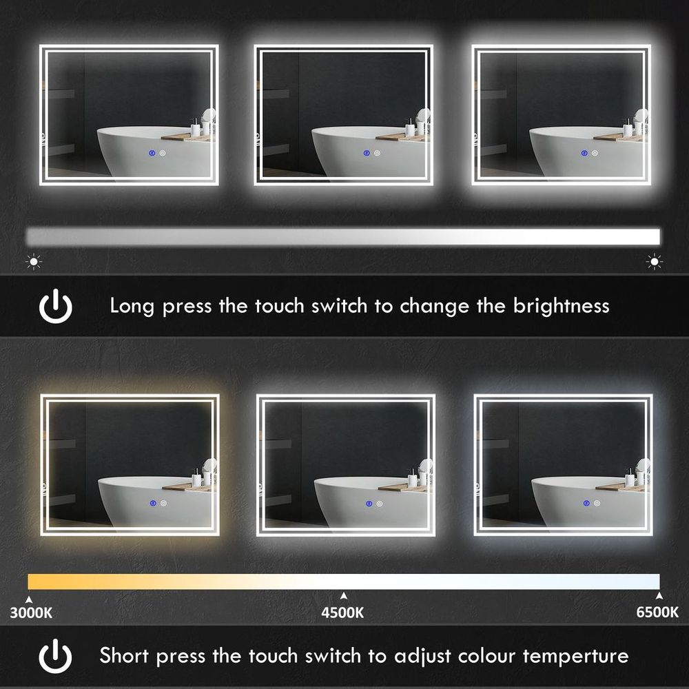 kleankin Dimmable Bathroom Mirror with LED Lights, 3 Colours, Defogging Film