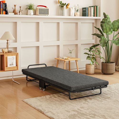 HOMCOM Single Folding Bed with Mattress Foldable Guest Bed on Wheels, Grey