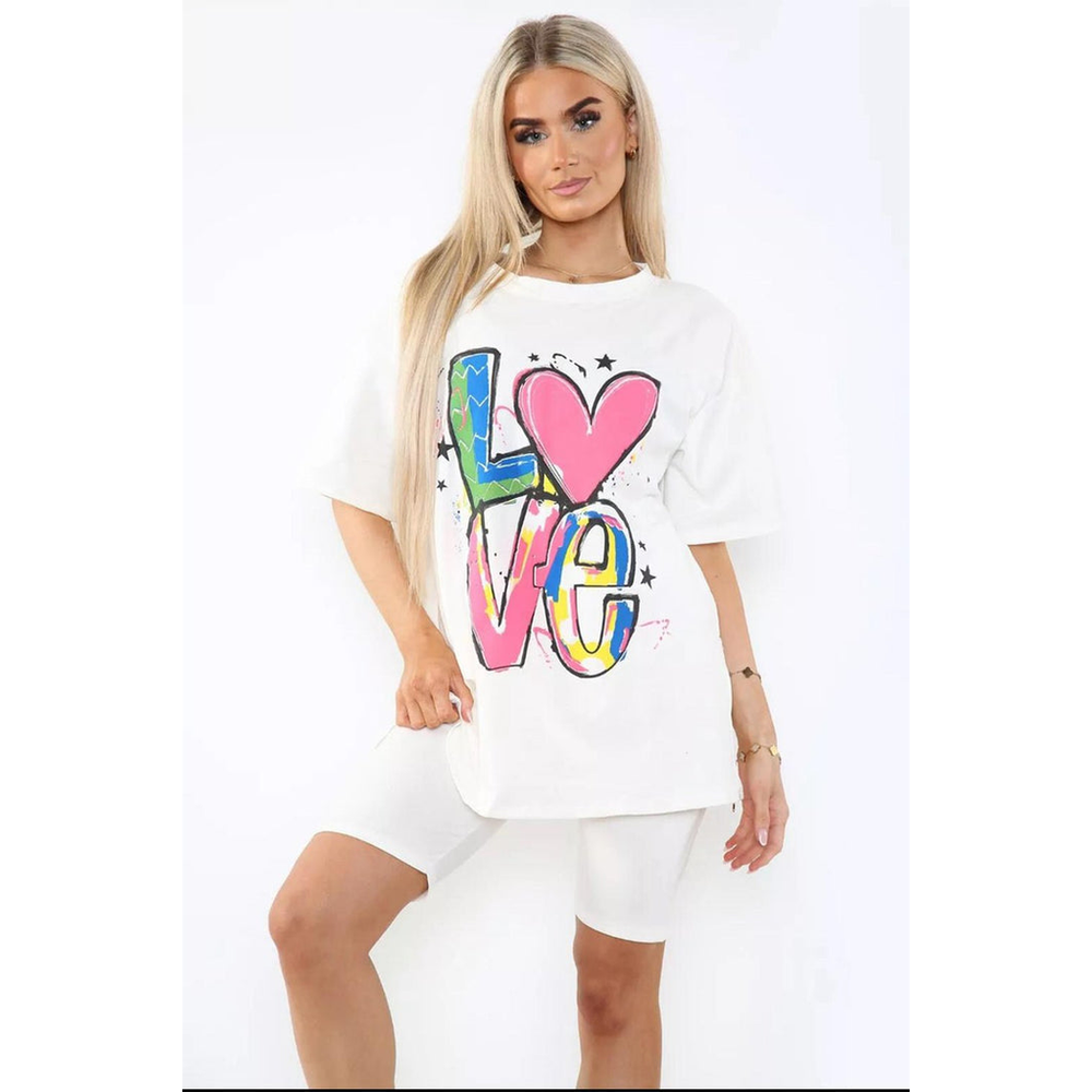 Cycling Short and T-Shirts Co-Ord Two Piece Side Slit Set with Front Printed Slogan