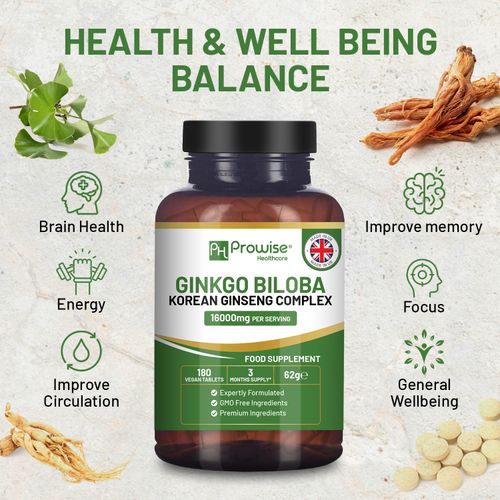 Ginkgo Biloba and Korean Ginseng Tablets 8000mg 180 Vegan Tablets | Ginkgo 6000mg & Korean Ginseng Root 2000mg Supports Cognitive Function & Mental Performance | UK Manufactured by Prowise Healthcare