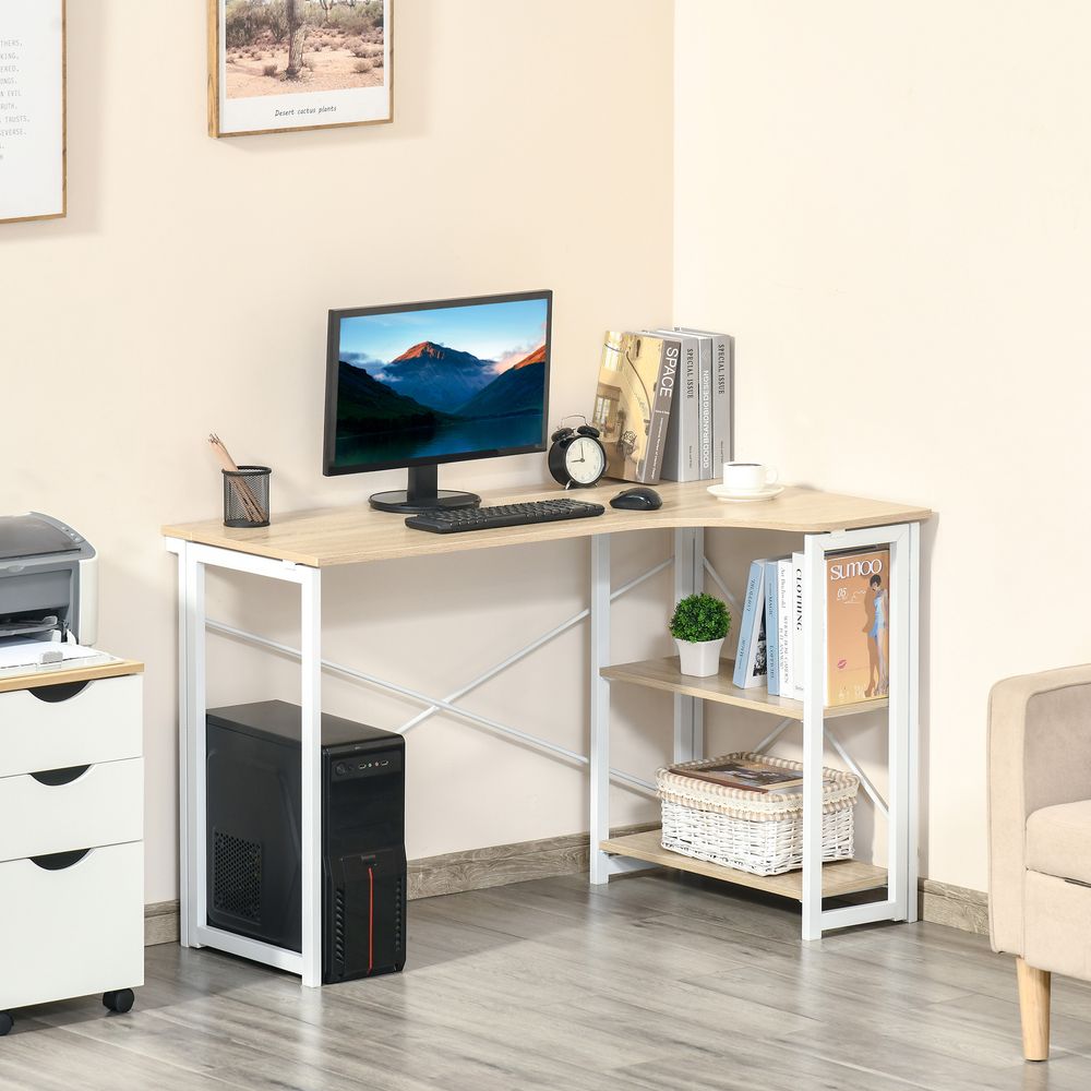 HOMCOM Folding Desk, L Shaped Desk, Corner Computer Desk with 2-Tier Storage Shelf for Home Office, Study Room, Workstation, Easy Assembly, 120 x 72.5 x 76.5cm, Oak Tone