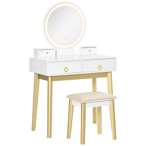Dressing Table Set With LED Mirror, Stool & 4 Drawers Makeup Desk White