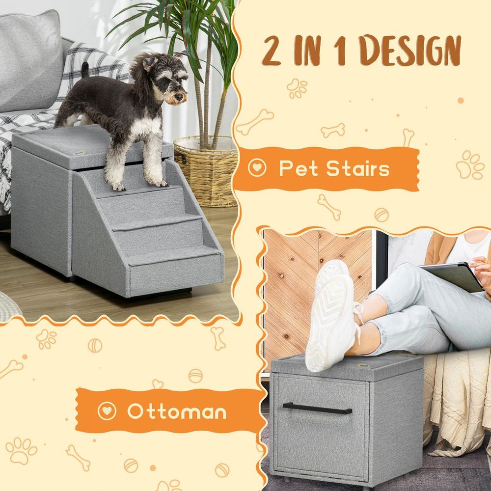 PawHut 2-in-1 Dog Steps Ottoman, Pet Stairs, Grey - High Quality, Easy Access, Comfortable, Storage Space