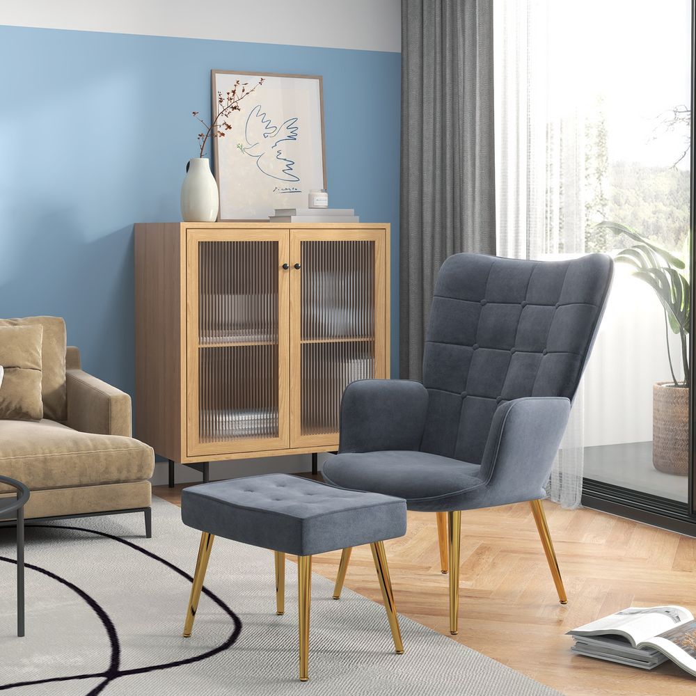 HOMCOM Button Tufted Armchair with Footstool and Gold Tone Steel Legs Dark Grey